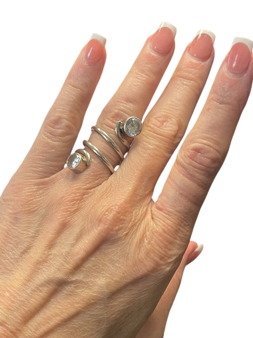 Modernist Sterling Silver Wrap Ring with Clear Round Crystal Accent Size 7
